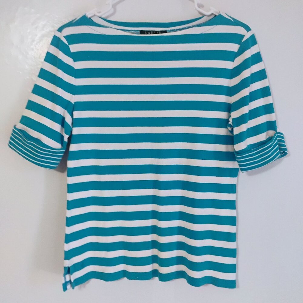 Lauren Ralph Lauren Nautical Striped Cotton Roll Sleeve Top L